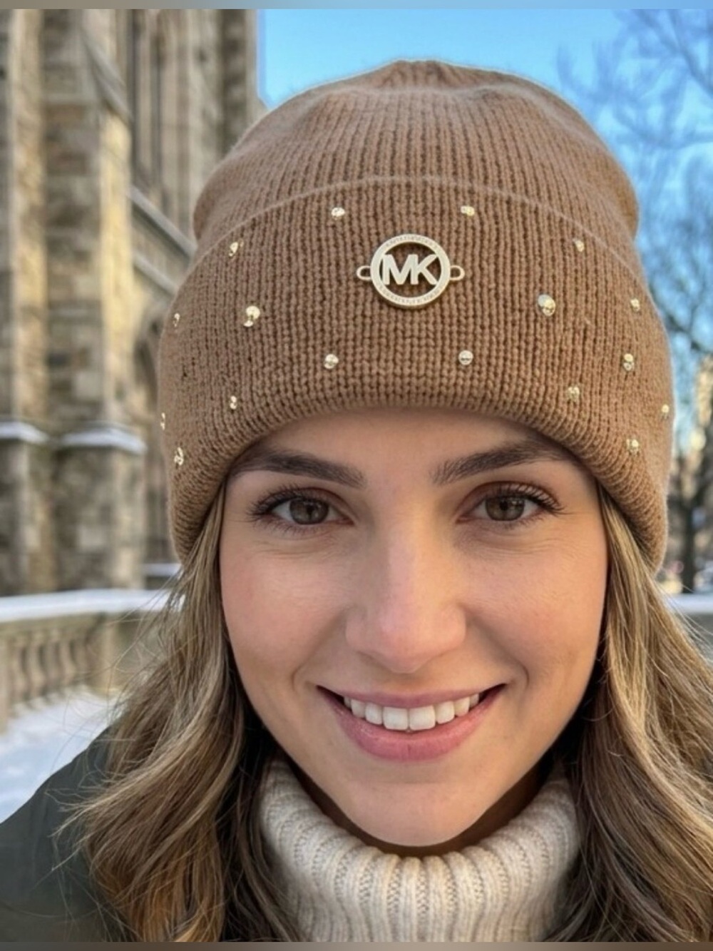 Michael Kors Studded Cozy Knit Beanie Hat Camel Tan Preppy Streetwear Designer